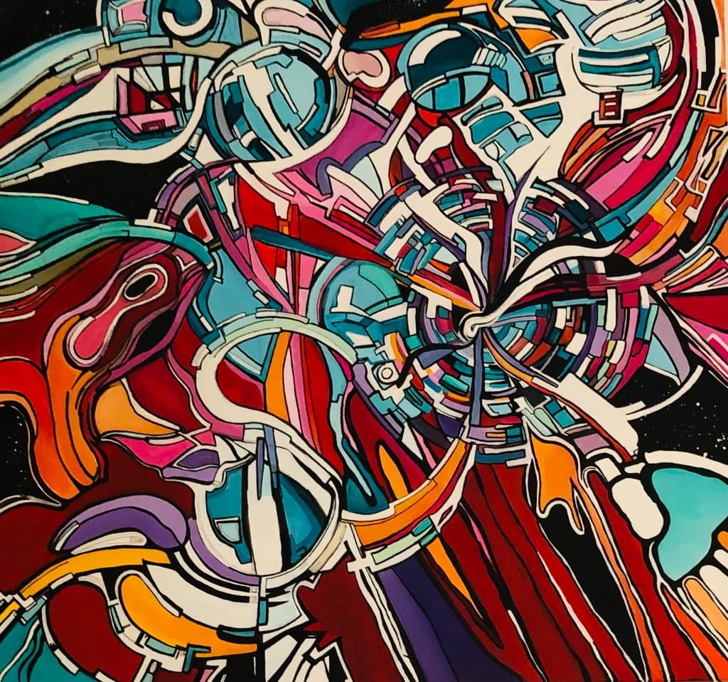 Abstract painting of swirling colour and starfield geometry, by Nicky Gayle