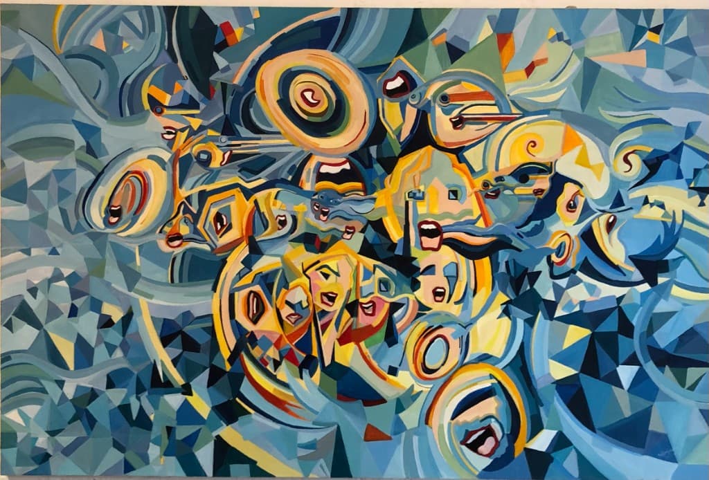 Abstract painting of many faces and voices in blue and gold, by Nicky Gayle